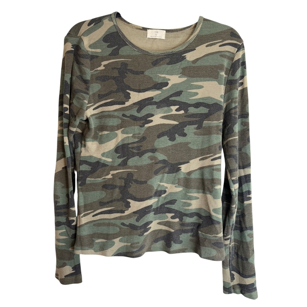 T.la Anthropologie Womens Large Camo Ribbed Long Sleeve Crew Neck Top Green